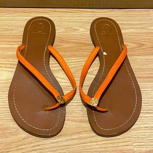 Tory Burch Orange Gold Suede Flip Flops Size 10 Women